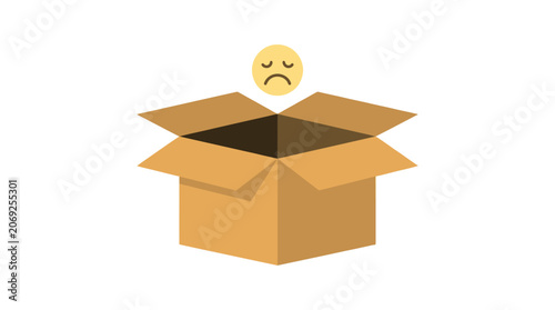 Fotografie A sad face emoji peeking out of an open cardboard box