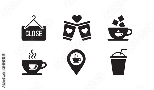 Canvastavla Close sign cup love ice beverage coffee hot drink map pin latte espresso mocha vector icon