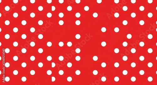Red background with scattered white polka dots pattern.