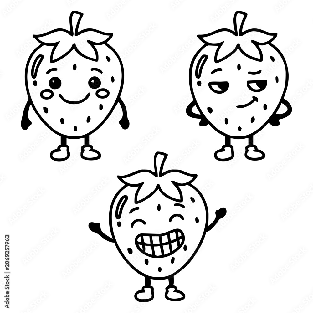 Fototapeta premium Strawberry line art with various expressions