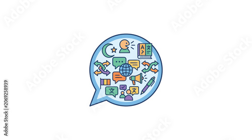 Multilingual Communication Concept: Speech Bubble with Language Icons