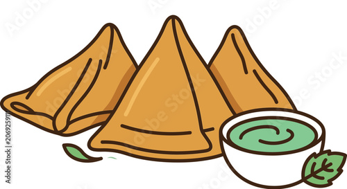 Samosa with Mint Chutney - Indian Snack Illustration