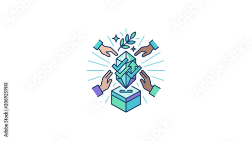 Teamwork and Voting Concept: Hands Around Ballot Box with Crystal