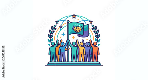 Teamwork success: group raising flag with handshake symbol, celebrating victory