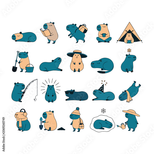 Capybara Character Illustrations Set Teal And Beige Color Palette