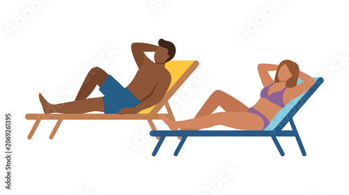 Photos Flat vector illustration of two people relaxing on beach towels under a striped umbrella, representing summer vacation, leisure, travel, sunbathing, and tropical holiday lifestyle
