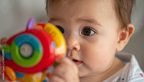 Baby's face close-up with colorful toy