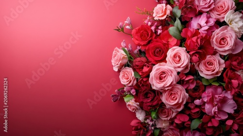 Vibrant arrangement of pink and red roses on a soft pink background for floral design and decoration