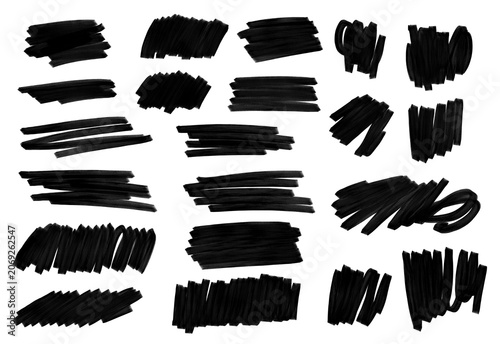 Black marker scribbles and brush strokes set isolated on white background. Hand drawn ink lines and rough textures for highlights, banners and abstract design elements