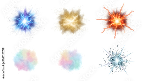 Colorful Powder Explosion Set, Isolated On White Background.
