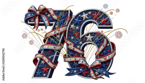 Decorative Number 76 Patriotic Ornament, Isolated On White Background.