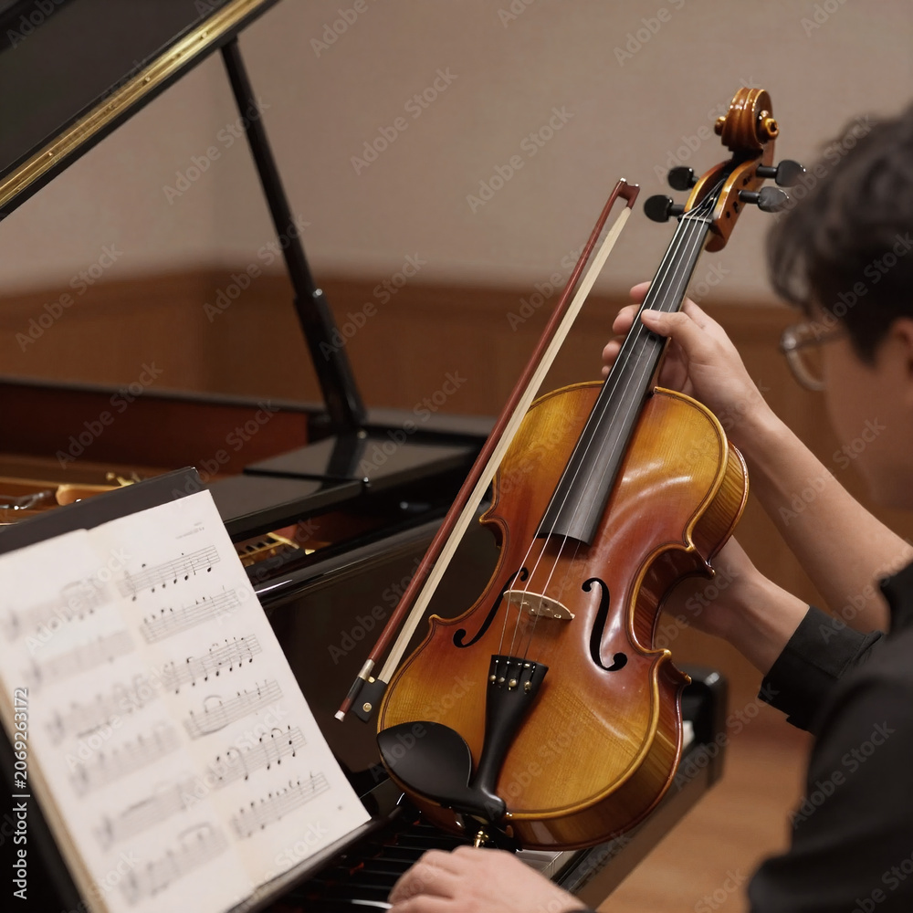 Fototapeta premium 3D Game Piano Antique. A Classical Music Piece Featuring Violin And Piano
