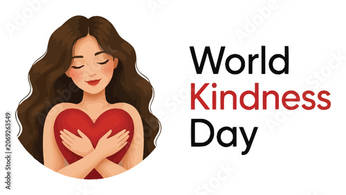 Obraz na płótnie Woman hugs a red heart symbol as a celebration of World Kindness Day