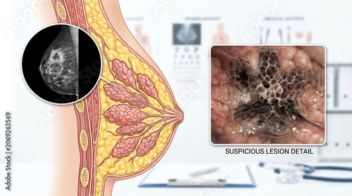 Breast anatomy with mammogram and suspicious lesion detail showing internal structure and abnormal tissue in medical examination setting