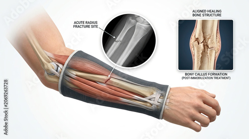 Acute radius fracture site shown in forearm anatomy with muscle and bone structure, including aligned healing bone and bony callus formation after immobilization treatment