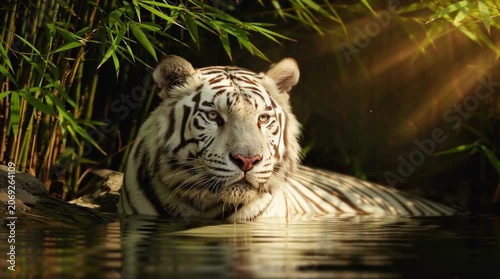 White Tiger Lying in a Shallow Pool of Water with Dramatic Lighting generative ai