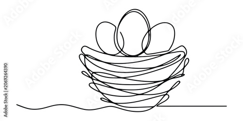 Continuous single line drawing of a birds nest with three eggs inside for easter holiday concept Vector, illustration