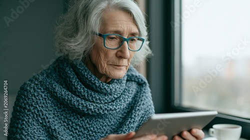 Elderly woman uses digital device indoors