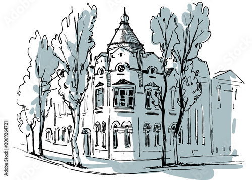 Loose graphic illustration of a historic house drawn with expressive ink lines and brush strokes. Monochrome architectural sketch with painterly texture and dynamic hand-drawn technique