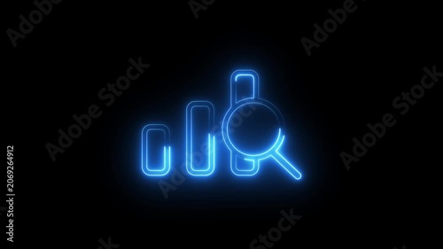 Neon blue bar chart with magnifying glass icon animation for digital data analysis.