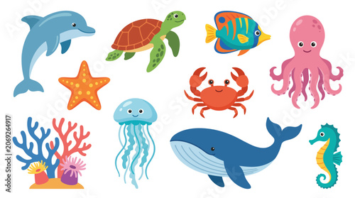 Foto Cute flat vector illustration set of marine animals including dolphin, sea turtle, tropical fish, octopus, jellyfish, whale, crab, seahorse, starfish, and coral reef elements