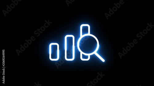 Neon blue analytics icon representing data search and performance tracking analysis.