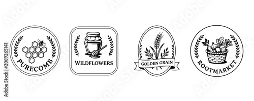 Four Organic Product Labels Featuring Natural Elements Design.