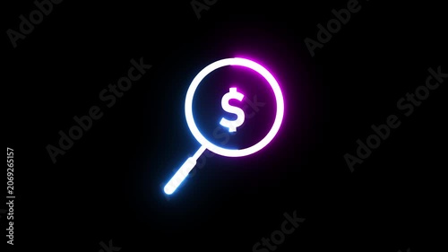 Neon glowing magnifying glass with dollar sign symbol animated on black background.