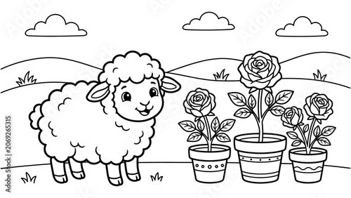 Sheep standing next to three potted rose flowers in a field with hills and clouds line art