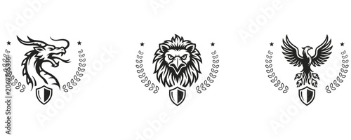 Fantasy Creatures With Shields And Stars Design.
