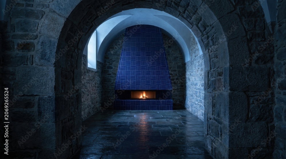 Fototapeta premium Beyond a rugged stone arch, a cobalt geometric tile fireplace glows inside a vaulted cellar chamber, pairing medieval masonry, cool blue ambience, reflective flooring, and a solitary modern flame