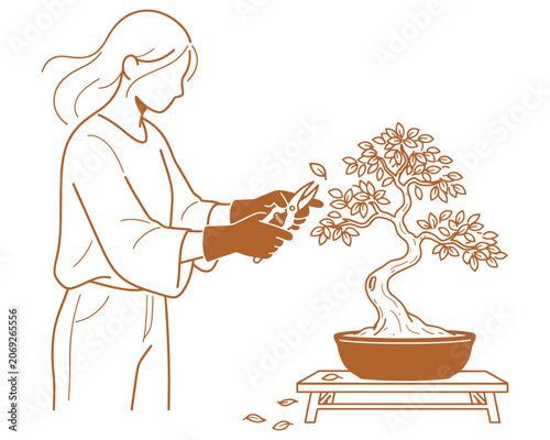 Woman Pruning Small Bonsai Tree Carefully.
