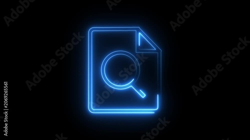 Neon blue document icon with magnifying glass search symbol animated glowing light.