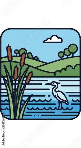Stylized Illustration of a Serene Lakeside Landscape with a Heron.