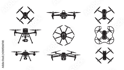 Nine Drone Icons Representing Modern Aerial Technology