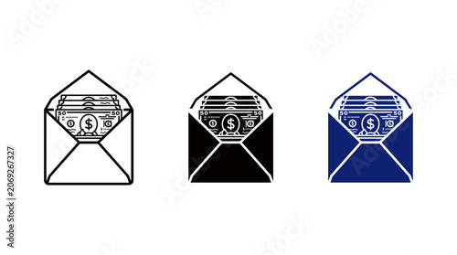 Money envelope icon set with cash dollar banknotes inside open mail vector for financial bonus salary payout savings remittance bribe and transaction concepts
