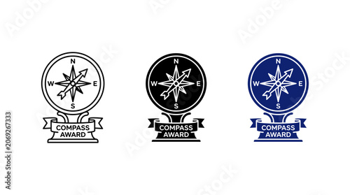 Compass award icon set with navigation rose trophy banner and cardinal directions vector for business leadership excellence scouting achievement merit and guidance concepts