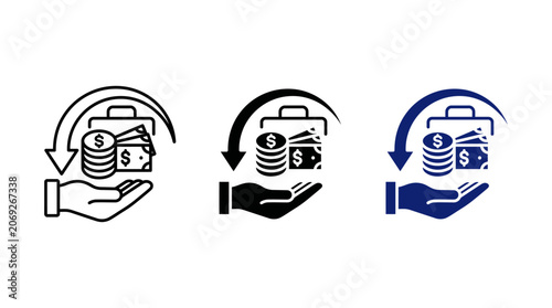 Cash back bonus icon set with hand holding money briefcase and return arrow financial refund cashback reward investment return salary and savings vector concepts