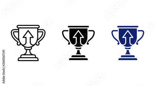 Business success award icon set with trophy cup and rising arrow vector for leadership achievement growth milestones financial victory and career promotion concepts