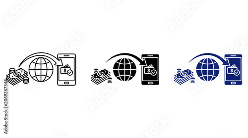 Global money transfer icon set with smartphone wallet cash globe and transfer arrow vector for online international banking digital payment remittance and mobile financial transactions