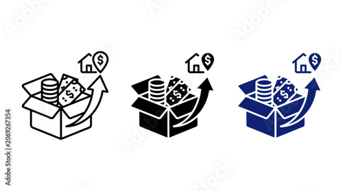 Real estate investment icon set with money box coins cash growth arrow and house location pin vector for property savings mortgage finance and housing budget concepts
