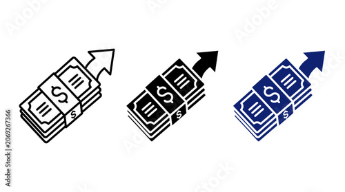 Financial growth icon set with isometric stack of cash dollar banknotes and rising arrow vector for business profit increase investment revenue salary and savings concepts
