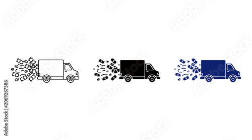 Money delivery truck icon set showing cash banknotes and coins flying from transport vehicle for financial logistics