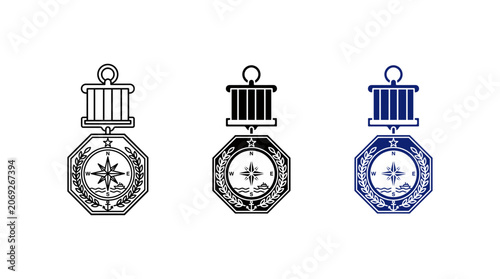 Maritime Navy Medal Icon Set with Compass Rose and Anchor