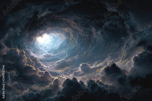 A mesmerizing perspective of swirling, dark storm clouds with a radiant light source in the center