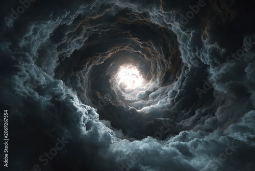 A swirling vortex of dramatic, dark clouds opening to a bright, ethereal light