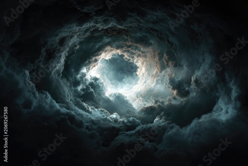 An eye-like vortex of ominous, dark storm clouds with a bright light at the core