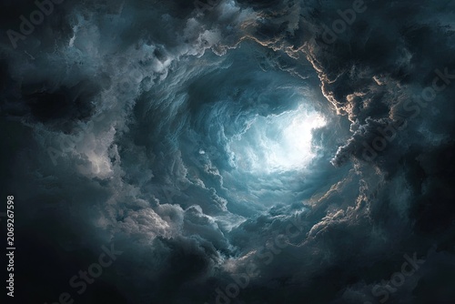 Dramatic overhead shot of a vortex of dark, swirling clouds with a bright light source within