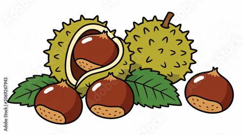 chestnut fruit with green leaves.