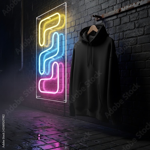 Neon sign on brick wall at night.